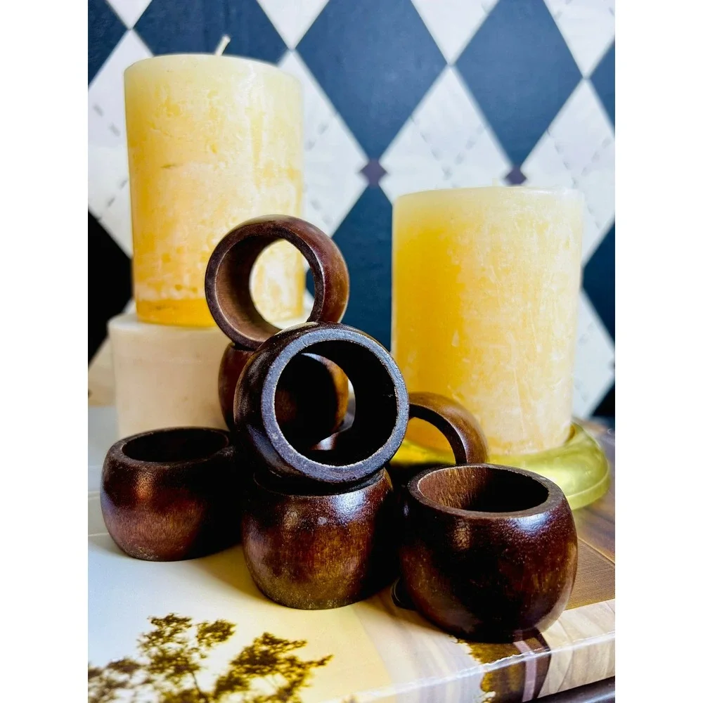 Wooden Napkin Rings Set of 8 Rustic Brown Tabletop Entertaining Organic Boho